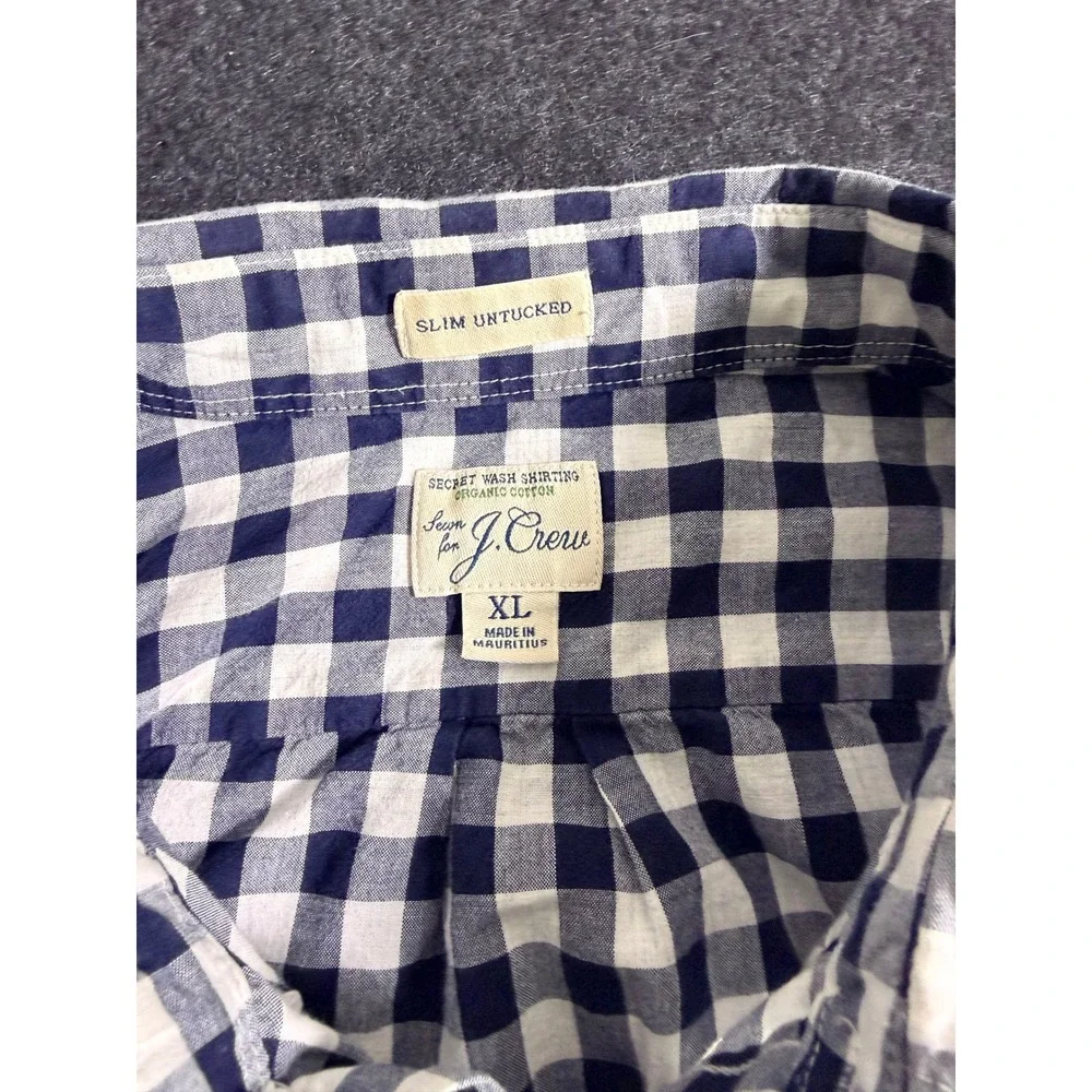 J. Crew Mens XL Slim Untucked Secret Wash Gingham Shirt Navy Blue White Organic